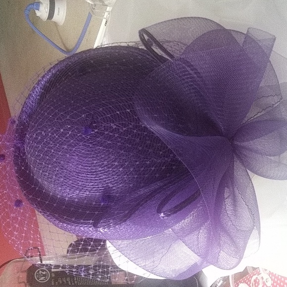 Purple straw Designer pillbox hat w widow net & satin bow $38 one size +scarf - Picture 4 of 13